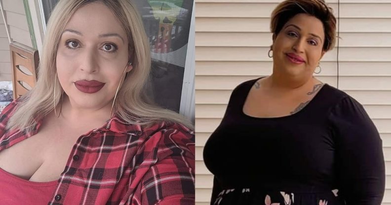 On the left: Jahaira DeAlto Balenciaga with blonde hair looks at the camera in a red plaid shirt and hoop earrings. On the right: Jahaira DeAlto Balenciaga stands in a black floral dress against some blinds