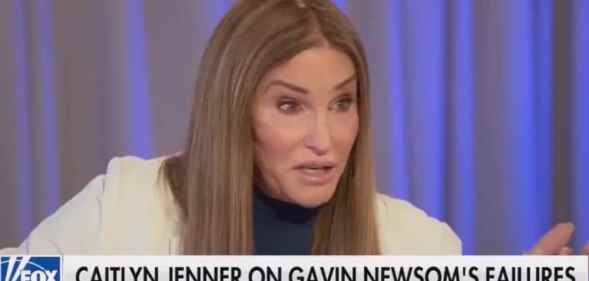 Caitlyn Jenner speaks to an interview with the chyron that reads: Cailtny Jenner on Gavin Newsom's failures".