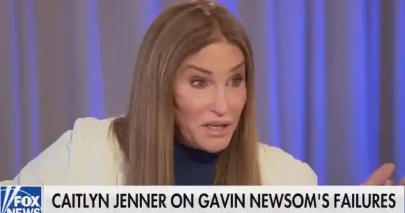 Caitlyn Jenner speaks to an interview with the chyron that reads: Cailtny Jenner on Gavin Newsom's failures".