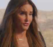Caitlyn Jenner, with the dry Californian landscape behind her, speaks off to a camera facing her left