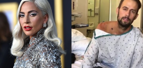 On the left: Headshot of Lady Gaga. On the left: Ryan Fischer sits upright on a hospital bed.