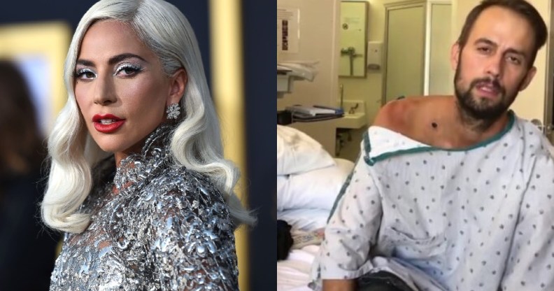 On the left: Headshot of Lady Gaga. On the left: Ryan Fischer sits upright on a hospital bed.