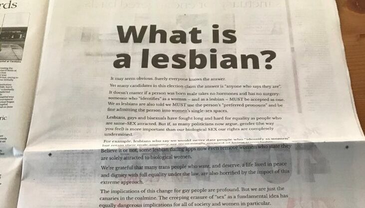 The LGB Alliance has a new full-page advert about 'what makes a lesbian'