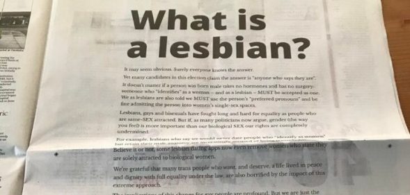 The LGB Alliance has a new full-page advert about 'what makes a lesbian'