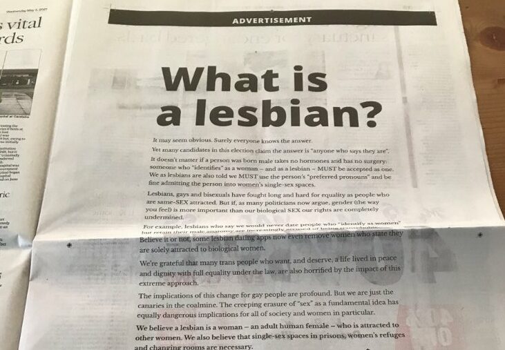 The LGB Alliance has a new full-page advert about 'what makes a lesbian'