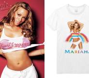 Mariah Carey on the cover of her Heartbreaker single wearing a white cropped tank-top (which is now available to purchase) with a broken heart and the word 'Heartbreaker' / A white t-shirt with Mariah Carey's Rainbow artwork on, showing her in another white tank and white pants, with a rainbow extending from the tank to the background
