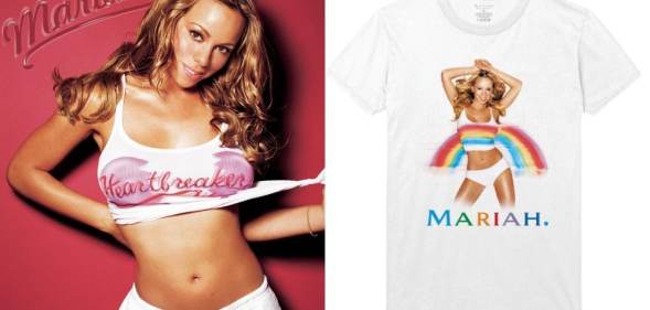 Mariah Carey on the cover of her Heartbreaker single wearing a white cropped tank-top (which is now available to purchase) with a broken heart and the word 'Heartbreaker' / A white t-shirt with Mariah Carey's Rainbow artwork on, showing her in another white tank and white pants, with a rainbow extending from the tank to the background
