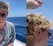 Milo Yiannopoulos with a blonde perm and sunglasses throwing a ring out of a boat and into the ocean
