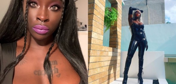 On the left: Mistress Velvet poses tot he camera wearing purple lipstick. On the right: They pose in a latex onesie.