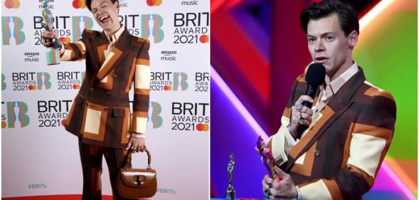 Harry Styles at the 2021 BRIT Awards wearing a Gucci suit. (Photo by JMEnternational/JMEnternational for BRIT Awards/Getty Images & Photo by Dave J Hogan/Getty Images)