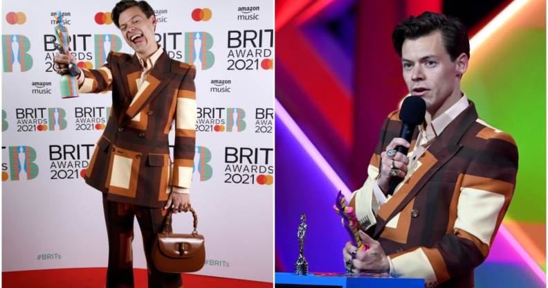 Harry Styles at the 2021 BRIT Awards wearing a Gucci suit. (Photo by JMEnternational/JMEnternational for BRIT Awards/Getty Images & Photo by Dave J Hogan/Getty Images)
