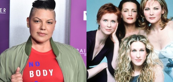On the left: Sara Ramirez in a red t-shirt and green bomber jacket. On the right: The cast of Sex And The City, Clockwise from top left: Cynthia Nixon, Kristin Davis, Kim Cattrall and Sarah Jessica Parker