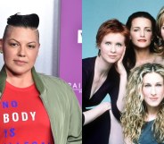 On the left: Sara Ramirez in a red t-shirt and green bomber jacket. On the right: The cast of Sex And The City, Clockwise from top left: Cynthia Nixon, Kristin Davis, Kim Cattrall and Sarah Jessica Parker