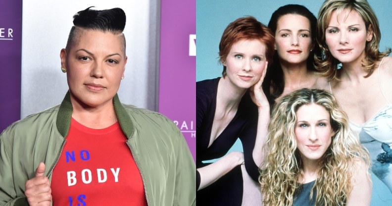 On the left: Sara Ramirez in a red t-shirt and green bomber jacket. On the right: The cast of Sex And The City, Clockwise from top left: Cynthia Nixon, Kristin Davis, Kim Cattrall and Sarah Jessica Parker