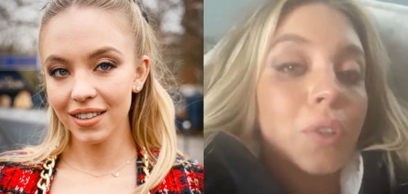 On the left: Euphoria star Sydney Sweeney wearing Balmain red tweed jacket. On the right: Sydney Sweeney cries to the camera while sat in a chair