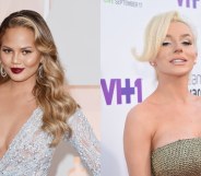 On the left: Chrissy Teigen poses in a silver dress on the red carpet. On the right: Courtney Stodden poses on the red carpet in a bedazzled dress
