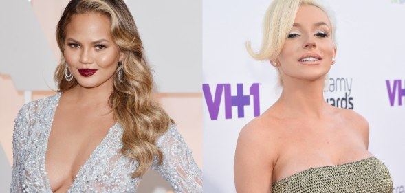 On the left: Chrissy Teigen poses in a silver dress on the red carpet. On the right: Courtney Stodden poses on the red carpet in a bedazzled dress