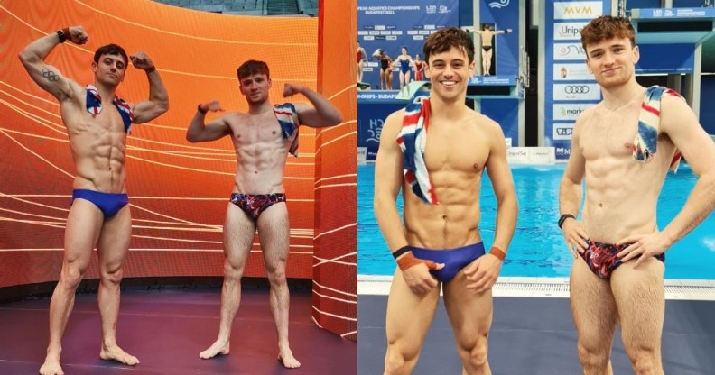 Tom Daley (L) and Matty Lee stand shirtless by the pool