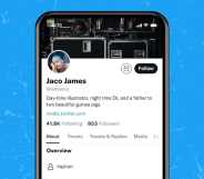 An iPhone showing up a mock Twitter profile with a section for pronouns
