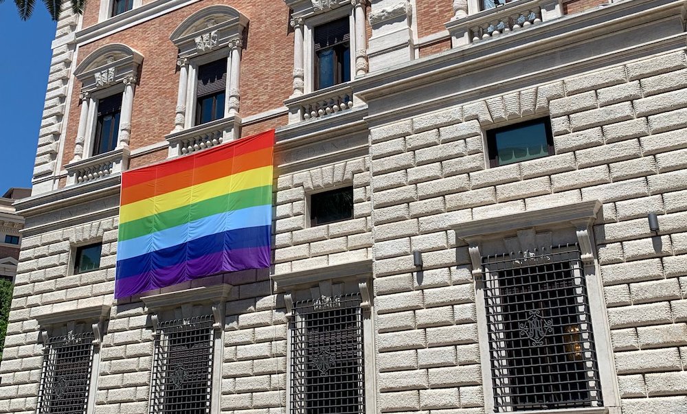 A Pride flag on the US embassy to the Holy See, in Vatican City.