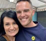 David Atherton wearing his "I love anal" badge.