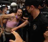 A protester is detained by police the Pride march in Istanbul on 26 June, 2021