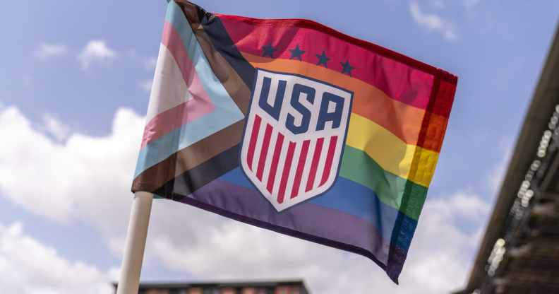 A corner flag with the Pride flag printed on it sits on the field during a training session at BBVA Stadium on June 9, 2021 in Houston, Texas