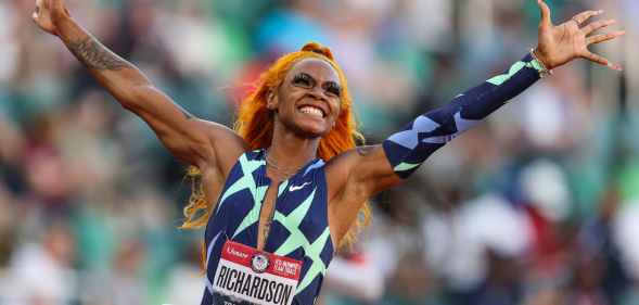 Sha'Carri Richardson celebrates winning the Women's 100-metre final on day two of the 2020 US Olympic track and field team trials