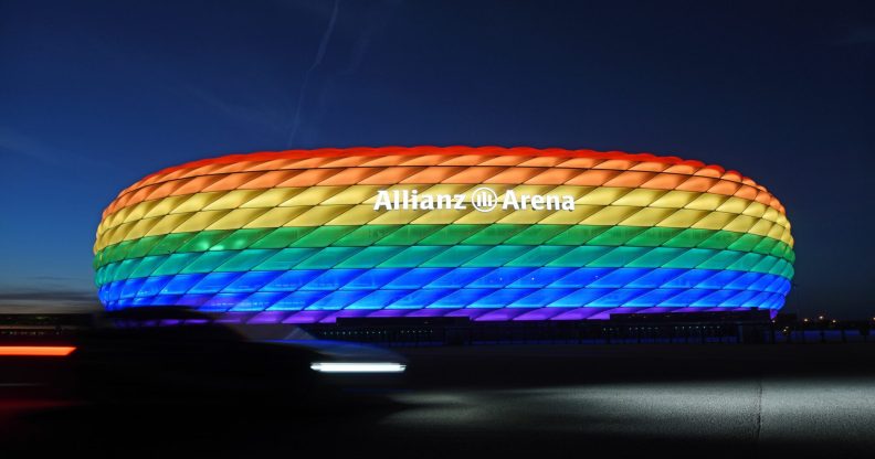 The Allianz arena lit with rainbow colours for Christopher Street Day, 2019