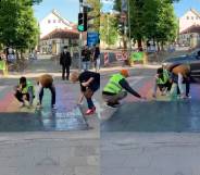 Rainbow-coloured crosswalk Vilnius Lithuania