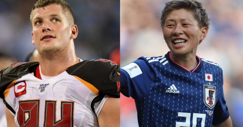 On the left: Carl Nassib in his uniform on the pitch. On the right: Kumi Yokoyama in their football jersey on the pitch.