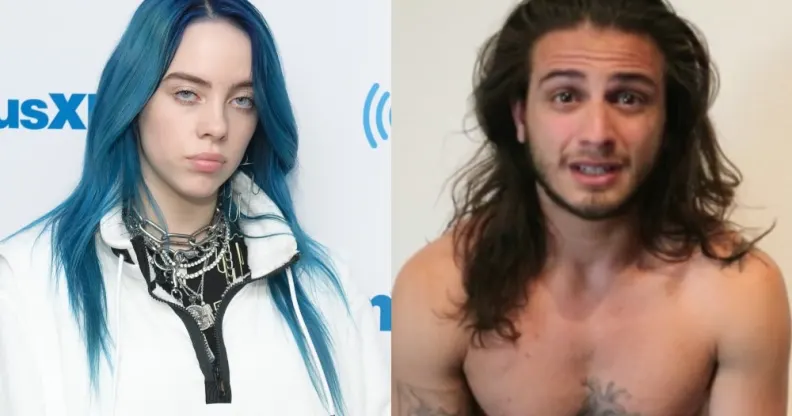 On the left: Billie Eilish with blue hair on the red carpet. On the right: Matthew Tyler Vorce shirtless with long hair
