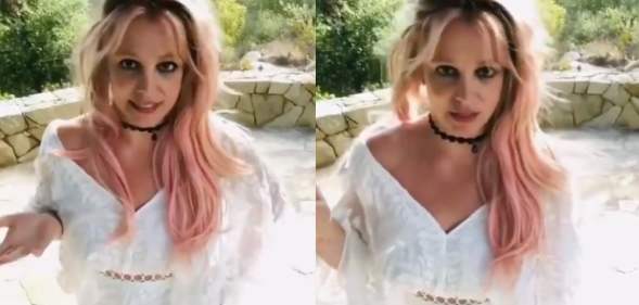 Side-by-side of Britney Spears in a white v-neck dress standing in a garden