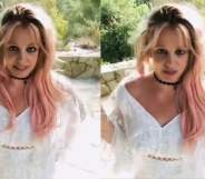 Side-by-side of Britney Spears in a white v-neck dress standing in a garden