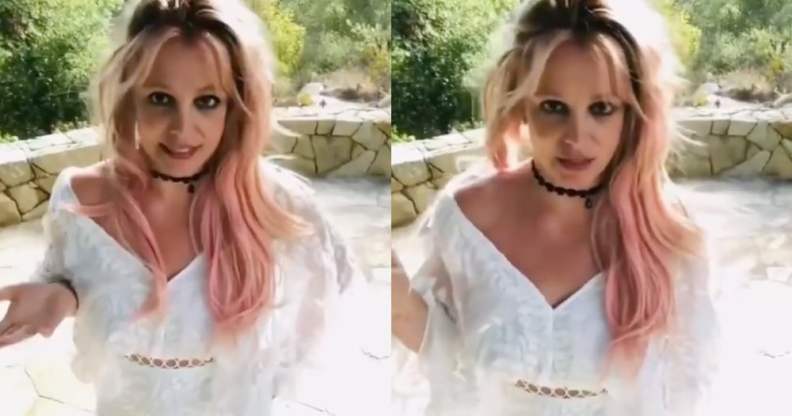 Side-by-side of Britney Spears in a white v-neck dress standing in a garden