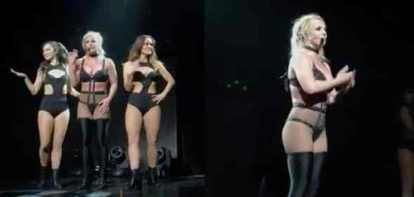 Side-by-side photographs of Britney Spears performing in lace and knee-thigh boots on a dark stage