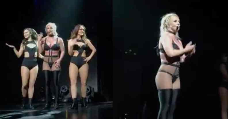Side-by-side photographs of Britney Spears performing in lace and knee-thigh boots on a dark stage