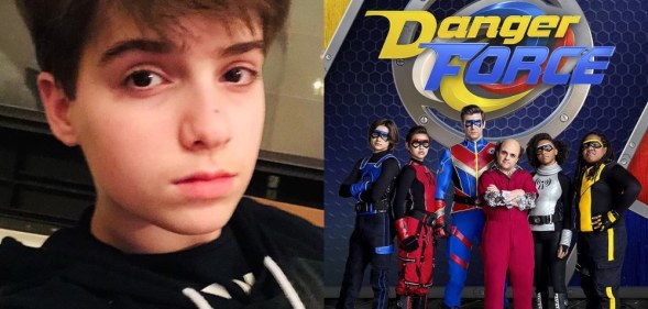 On the left: Sasha Cohen poses for a selfie in a hoodie. On the right: The main cast of Danger Force