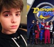 On the left: Sasha Cohen poses for a selfie in a hoodie. On the right: The main cast of Danger Force