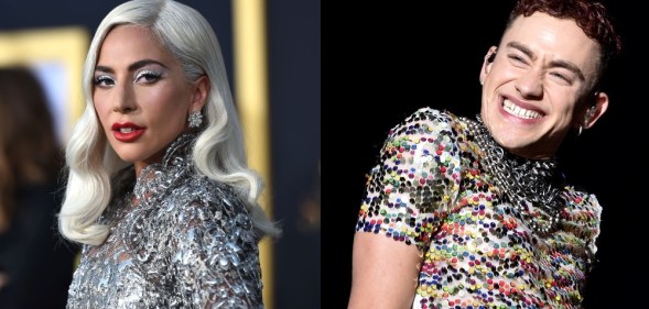 On the left: Lady Gaga in a silver dress. On the right: Olly Alexander in a rainbow sparkled top.