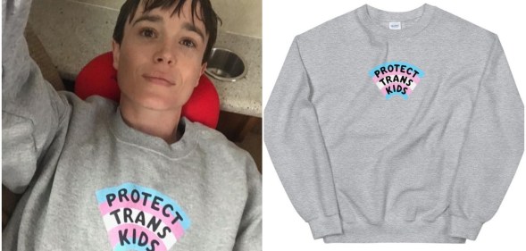 Elliot Page posed in a "Protect Trans Kids" sweatshirt in a post on his Instagram page. (Instagram/Etsy)