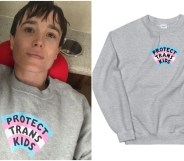 Elliot Page posed in a "Protect Trans Kids" sweatshirt in a post on his Instagram page. (Instagram/Etsy)