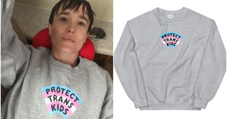 Elliot Page posed in a "Protect Trans Kids" sweatshirt in a post on his Instagram page. (Instagram/Etsy)
