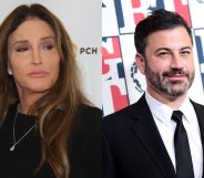 On the left: Caitlyn Jenner poses on the red carpet. On the right: Jimmy Kimmel smiles on the red carpet.