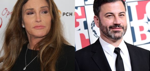 On the left: Caitlyn Jenner poses on the red carpet. On the right: Jimmy Kimmel smiles on the red carpet.