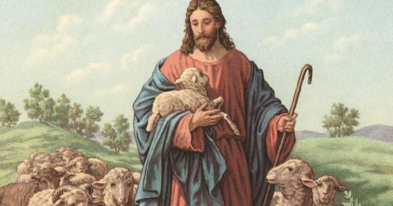A painting of Jesus holding a lamb among a flock of sheep