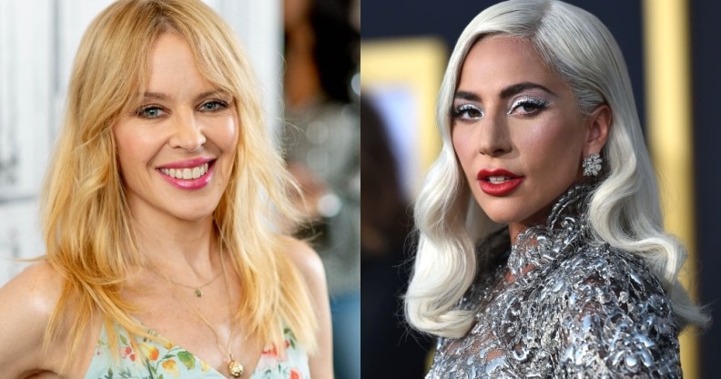 On the left: Kylie Minogue smiles in a floral dress. On the right: Lady Gaga looks to her left in a metallic dress