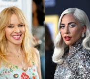 On the left: Kylie Minogue smiles in a floral dress. On the right: Lady Gaga looks to her left in a metallic dress