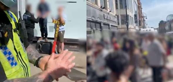 On the left: A preacher stands on a platform next to a cross as he is arrested by police. On the right: Crowds of people, pixellated, cheering