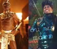 Lil Nas X topless in a gold skirt and Egyptian-style headpiece / Lil Nas X as an action hero